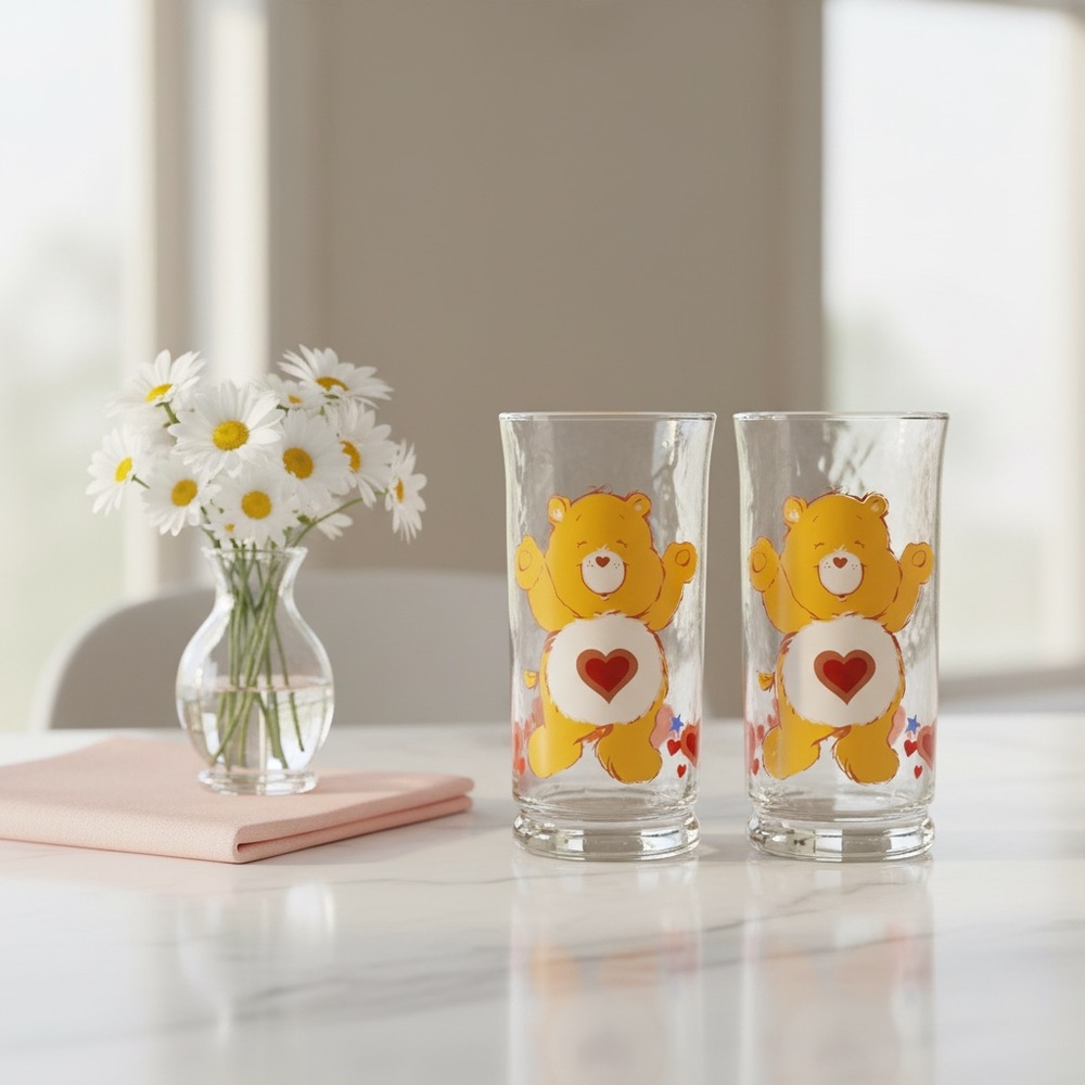 Care Bears Tenderheart Vintage Pizza Hut Lot of 2 1983 Glass Tumblers Identical